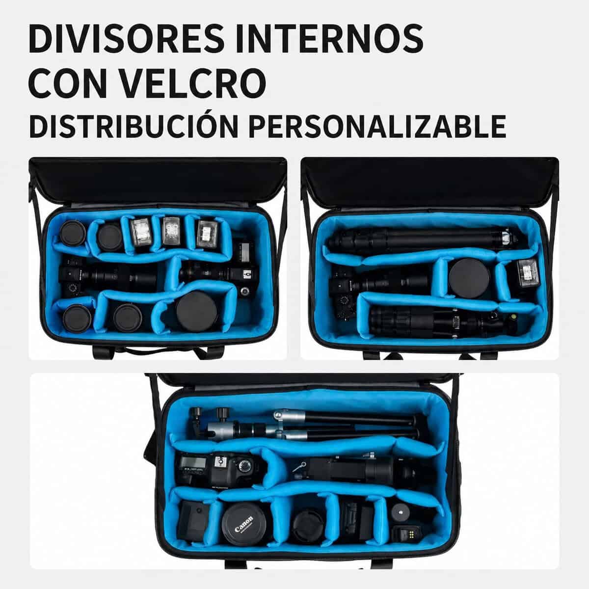 Organizadores de accesorios fotográficos con velcro en estuche negro.