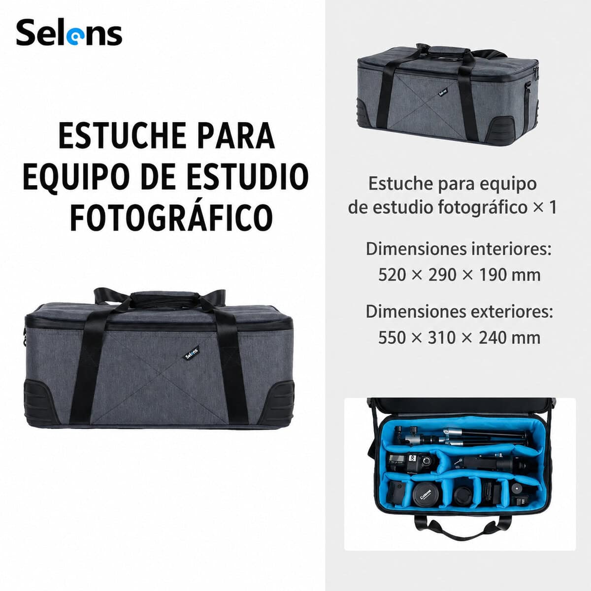 Estuche rígido para equipo fotográfico con accesorios y dimensiones.
