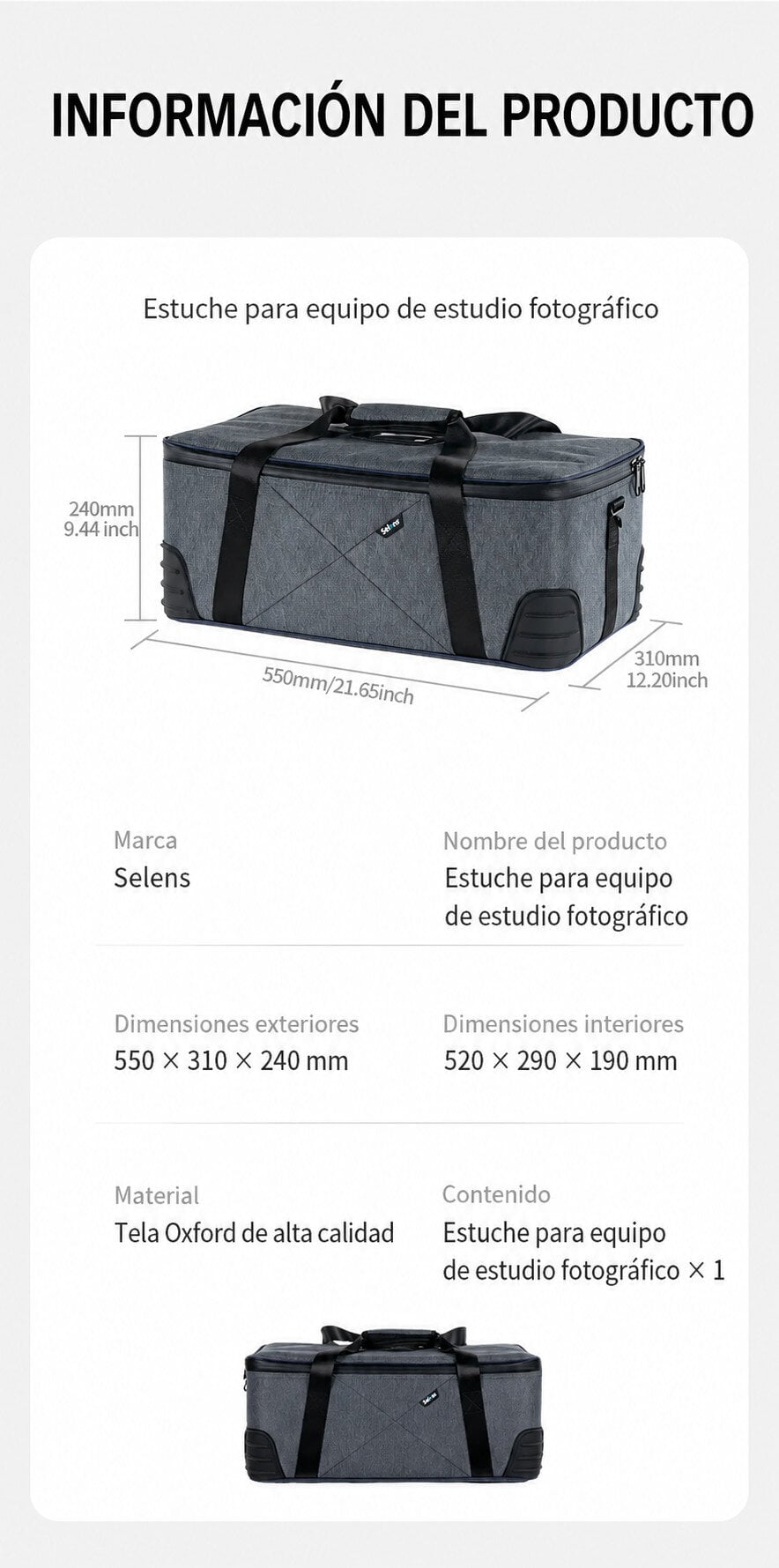Estuche para equipo fotográfico Selens, resistente y de alta calidad.