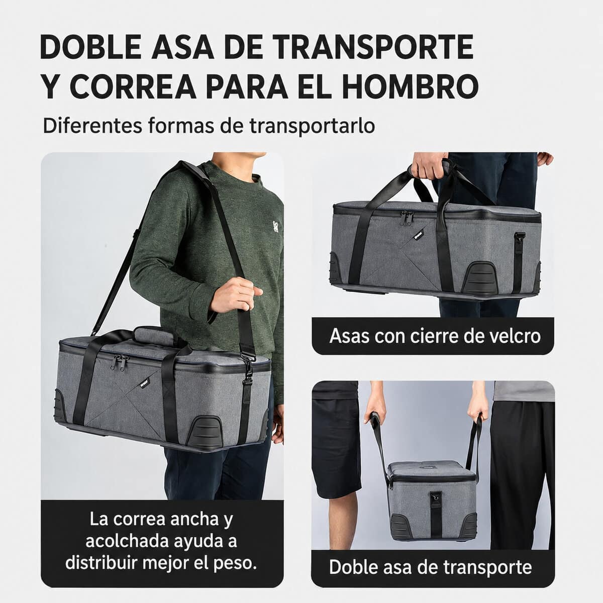 Bolso rígido para equipo fotográfico con asa y correa ajustable.