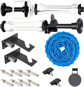 Sistema roller para fondo fotográfico con accesorios y soportes.