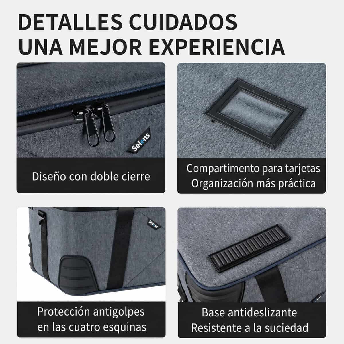 Bolso rígido para equipo fotográfico con compartimentos y protección.