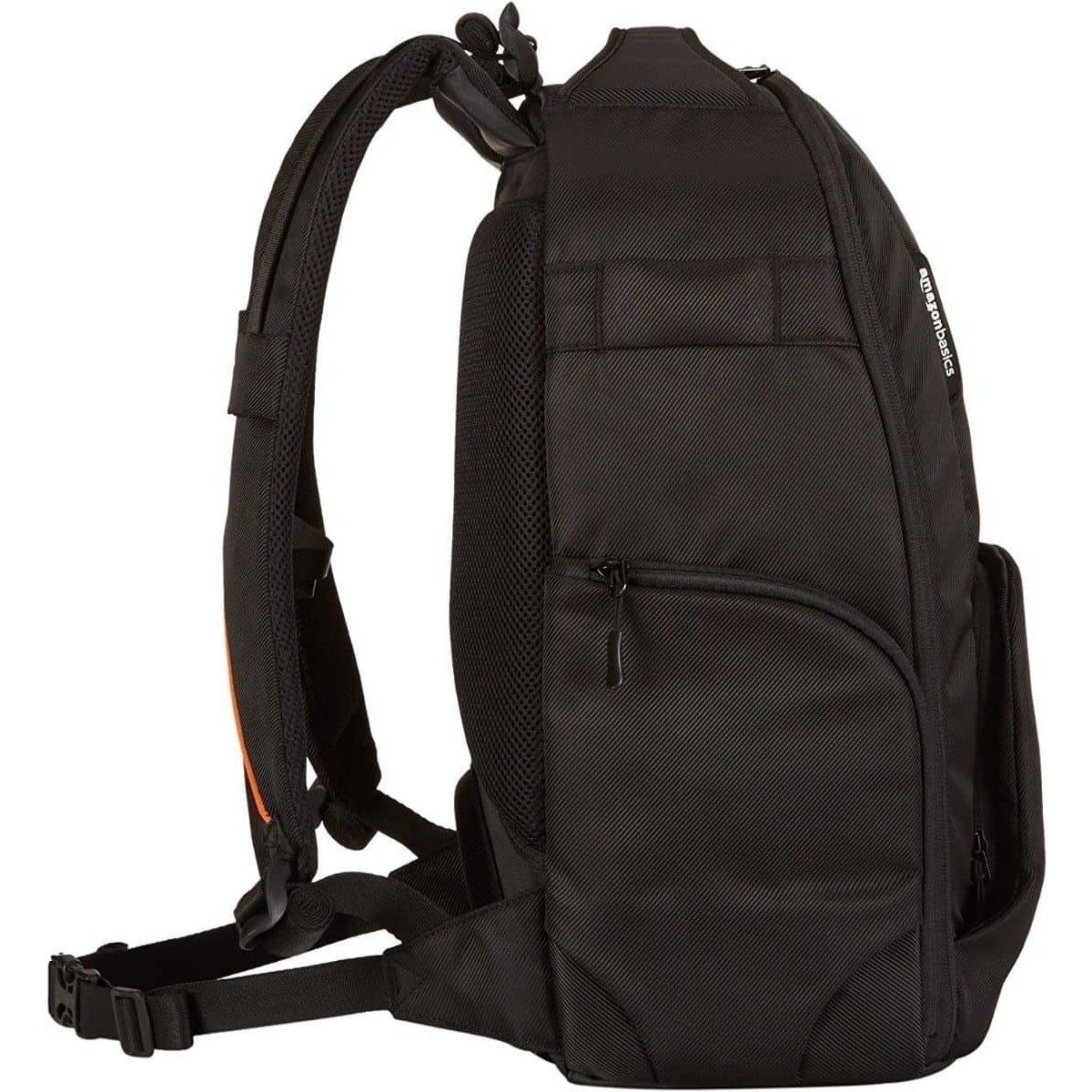 Mochila negra para fotografía con múltiples compartimentos y correas ajustables.