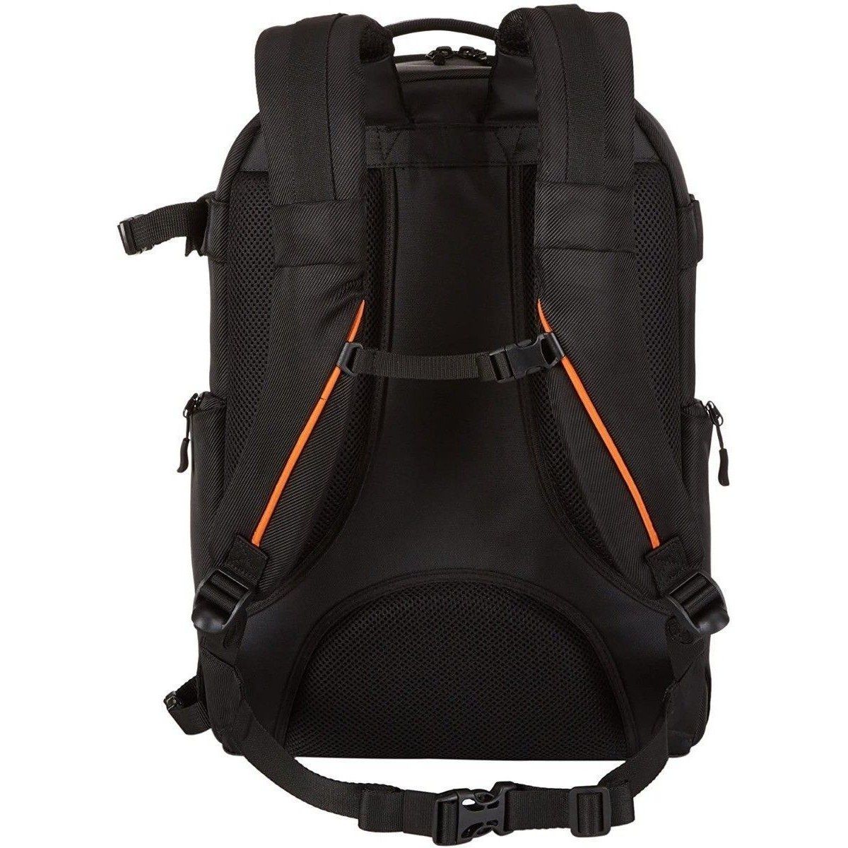 Mochila negra para cámaras y accesorios de fotografía con compartimentos.