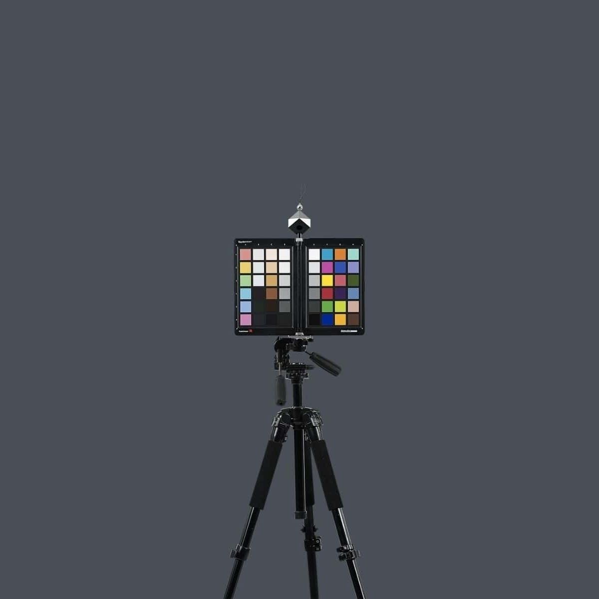 Ejemplo de foto con fondo de papel sinfín gris oscuro (Thunder): sistema de calibración de color con pantalla y trípode para fotografía profesional