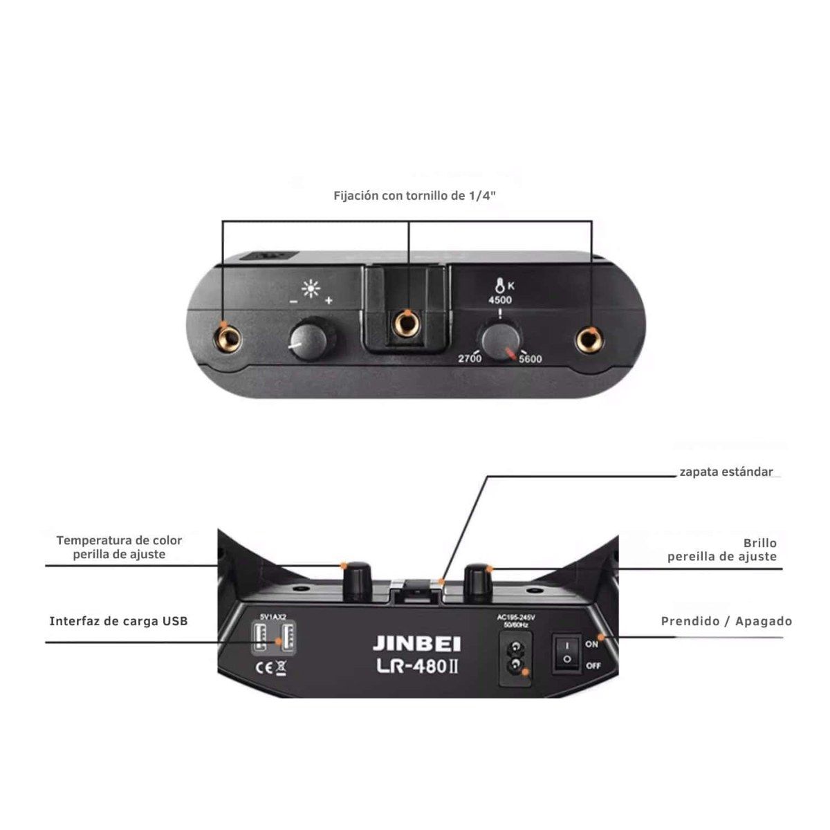 Accesorios y controles del Jinbei LR-480II con pie y aro de luz.
