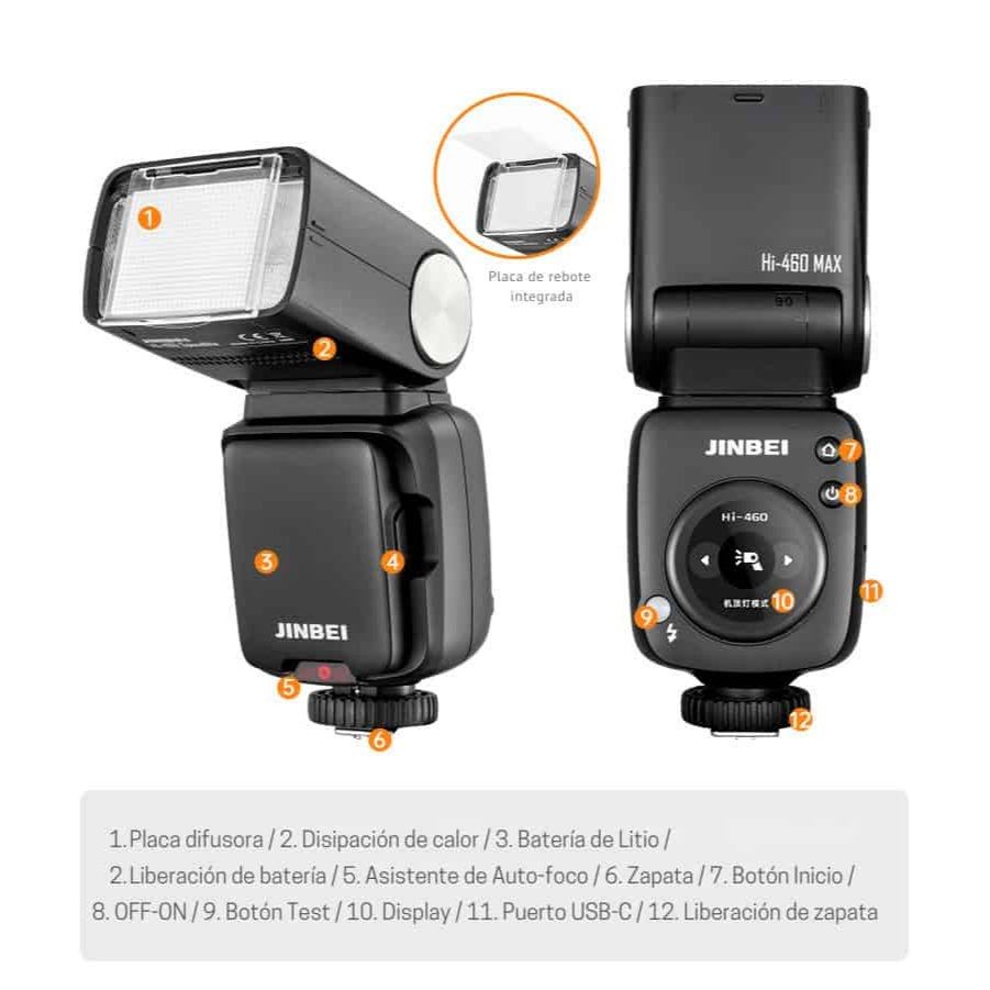 Flash Jinbei HI460max con control TTL y batería recargable.