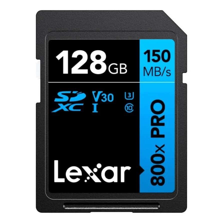 Tarjeta de memoria SDXC Lexar 128GB con velocidad de 150MB/s.