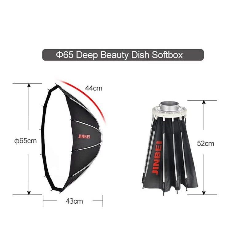 Softbox Jinbei 65cm octogonal con dimensiones y accesorios para estudio.