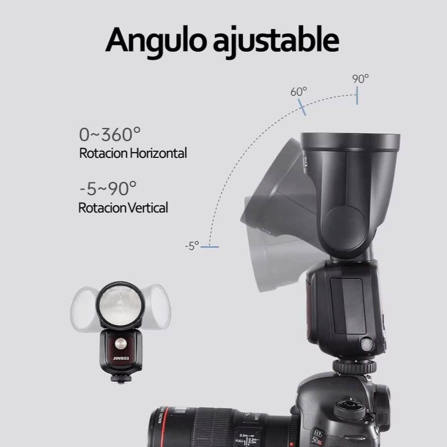 Flash de estudio con ángulo ajustable y rotación de 0 a 360 grados.