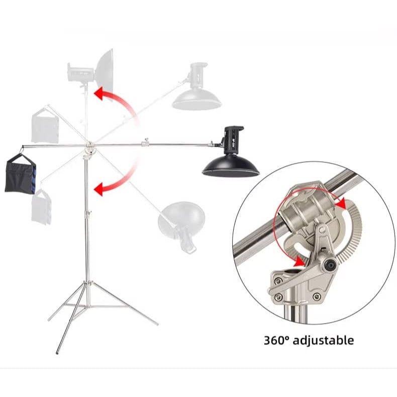 Tripode profesional con brazo ajustable y contrapeso para fotografía y video.