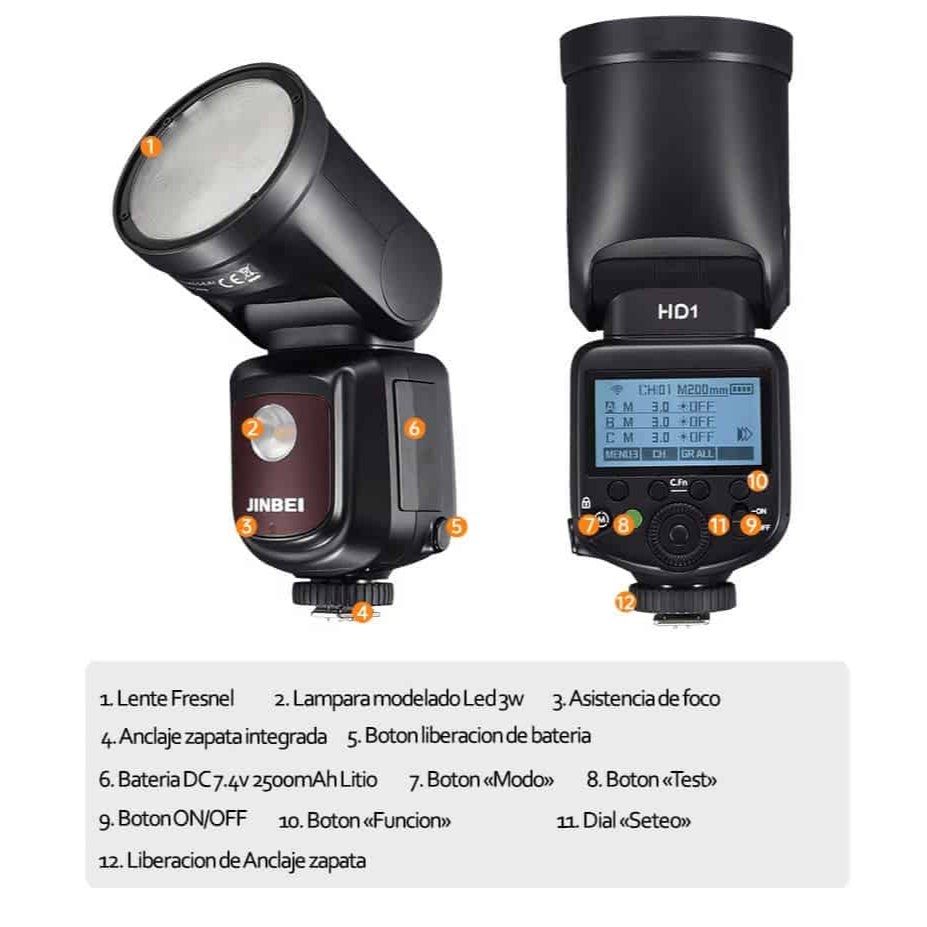 Flash Jinbei HD-1 con pantalla LCD y accesorios para fotografía profesional.